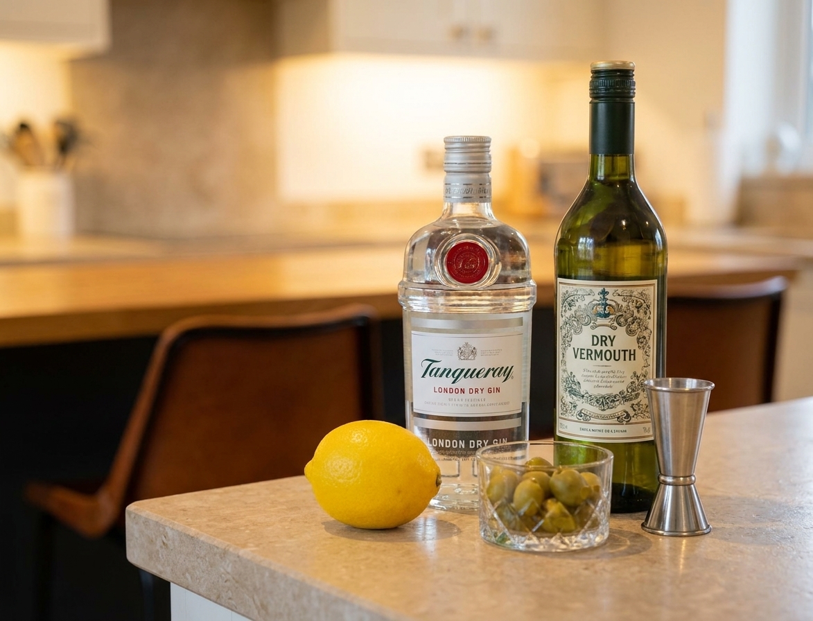 Gin bottle, dry vermouth bottle, lemon, green olives, and a jigger arranged on a stone countertop under soft kitchen lighting