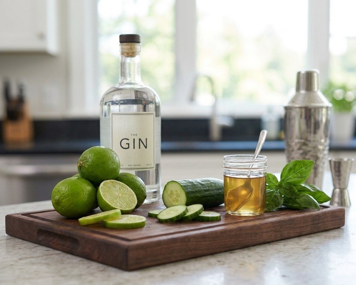 Gin bottle, fresh limes, a cucumber, simple syrup in a small jar, and basil on a tidy kitchen counter with a cutting board