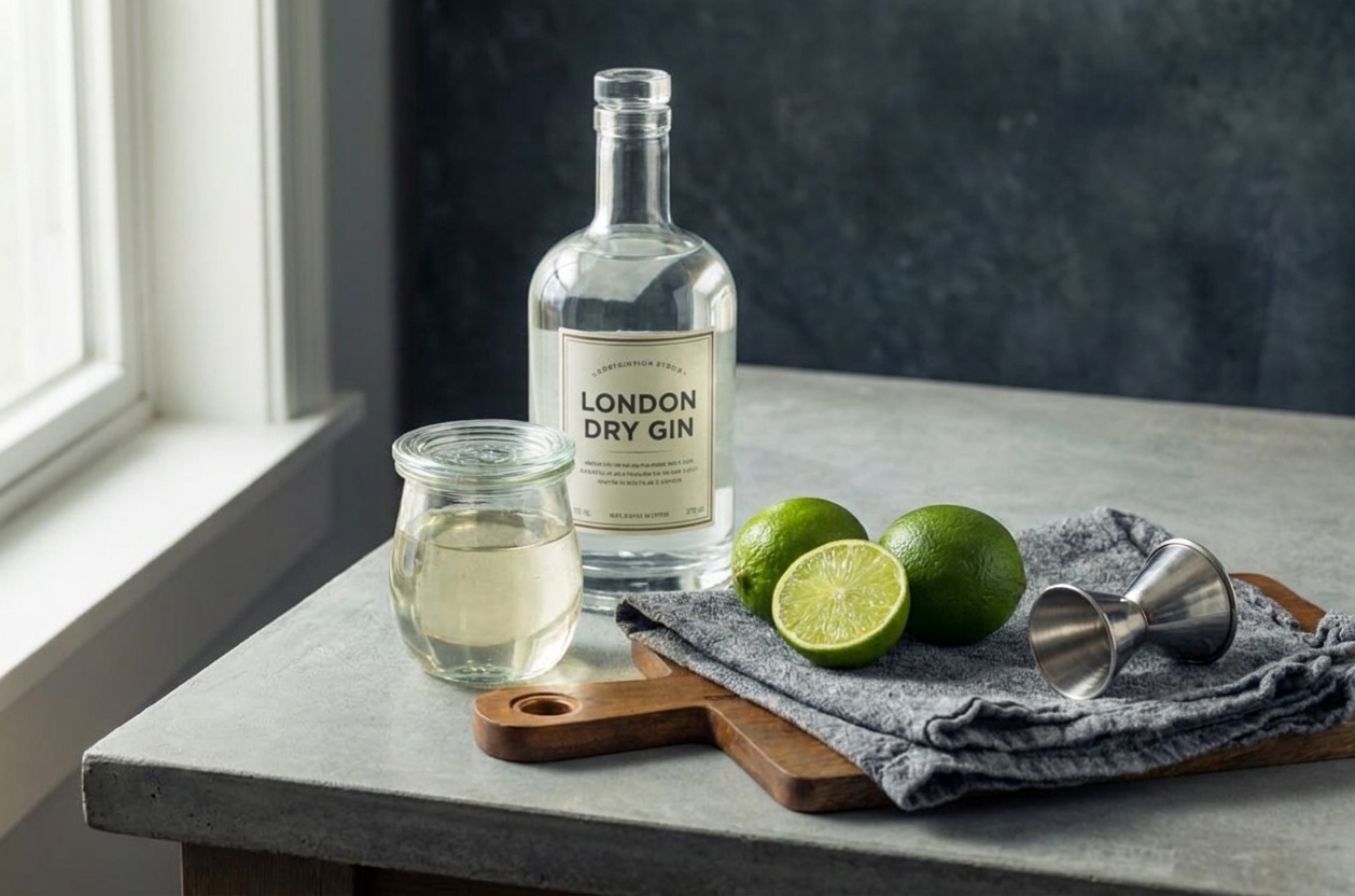 Gin bottle, fresh limes, a small jar of simple syrup, and a metal jigger arranged on a clean kitchen counter in natural light