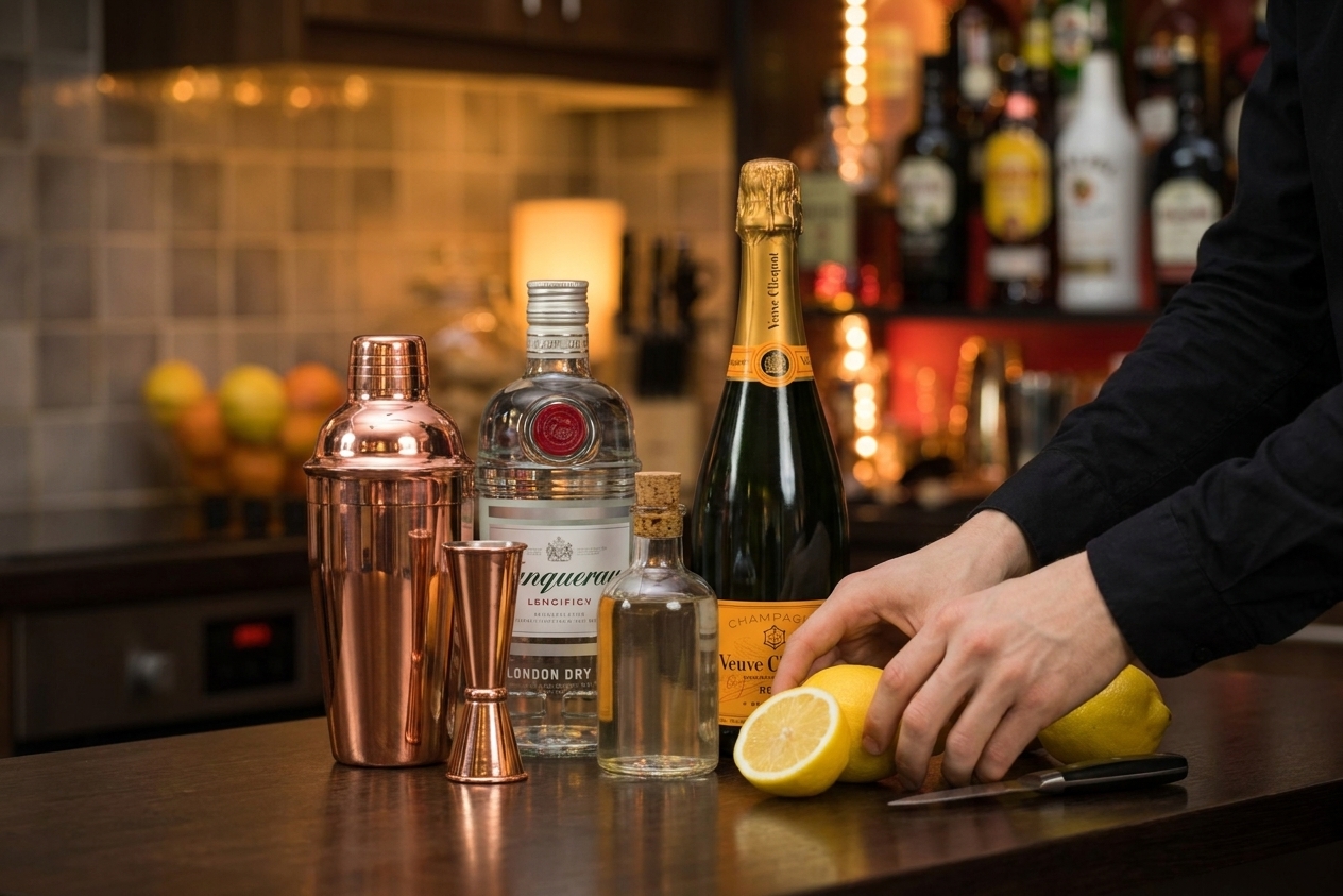 Gin, fresh lemons, a small bottle of simple syrup, and a bottle of Champagne arranged on a kitchen counter with a jigger and cocktail shaker