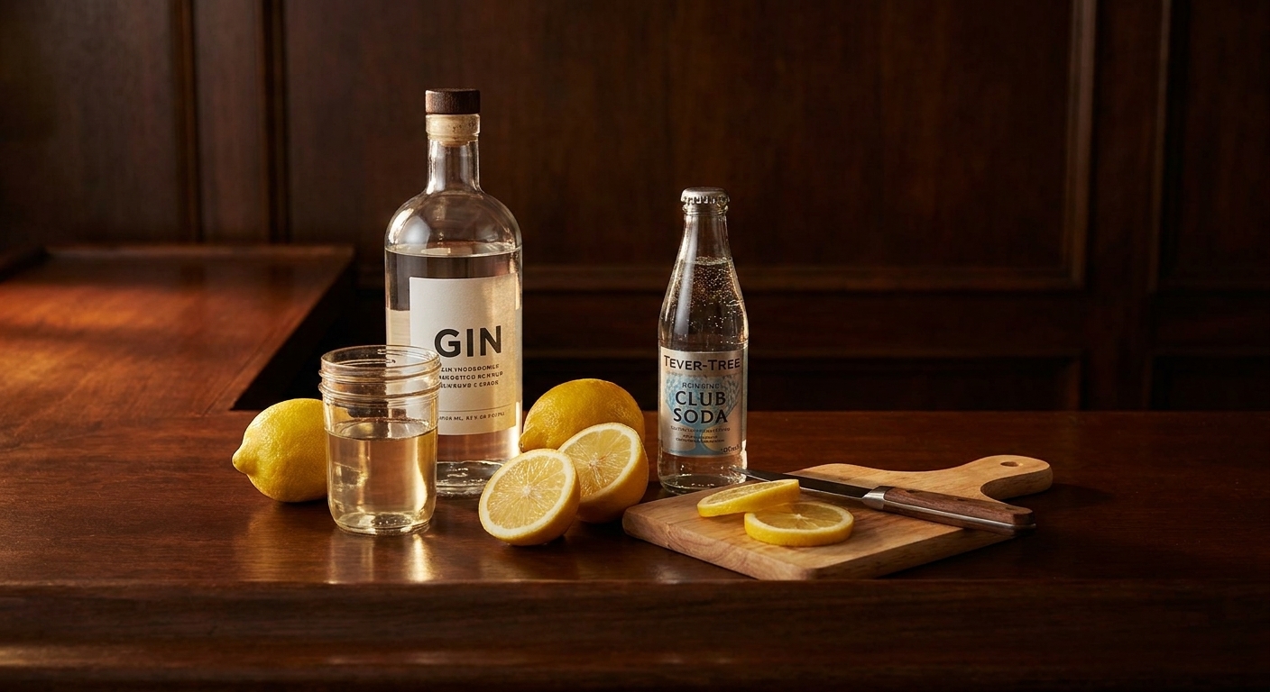 Gin, fresh lemons, simple syrup in a small jar, and a bottle of club soda arranged on a clean kitchen counter with a cutting board