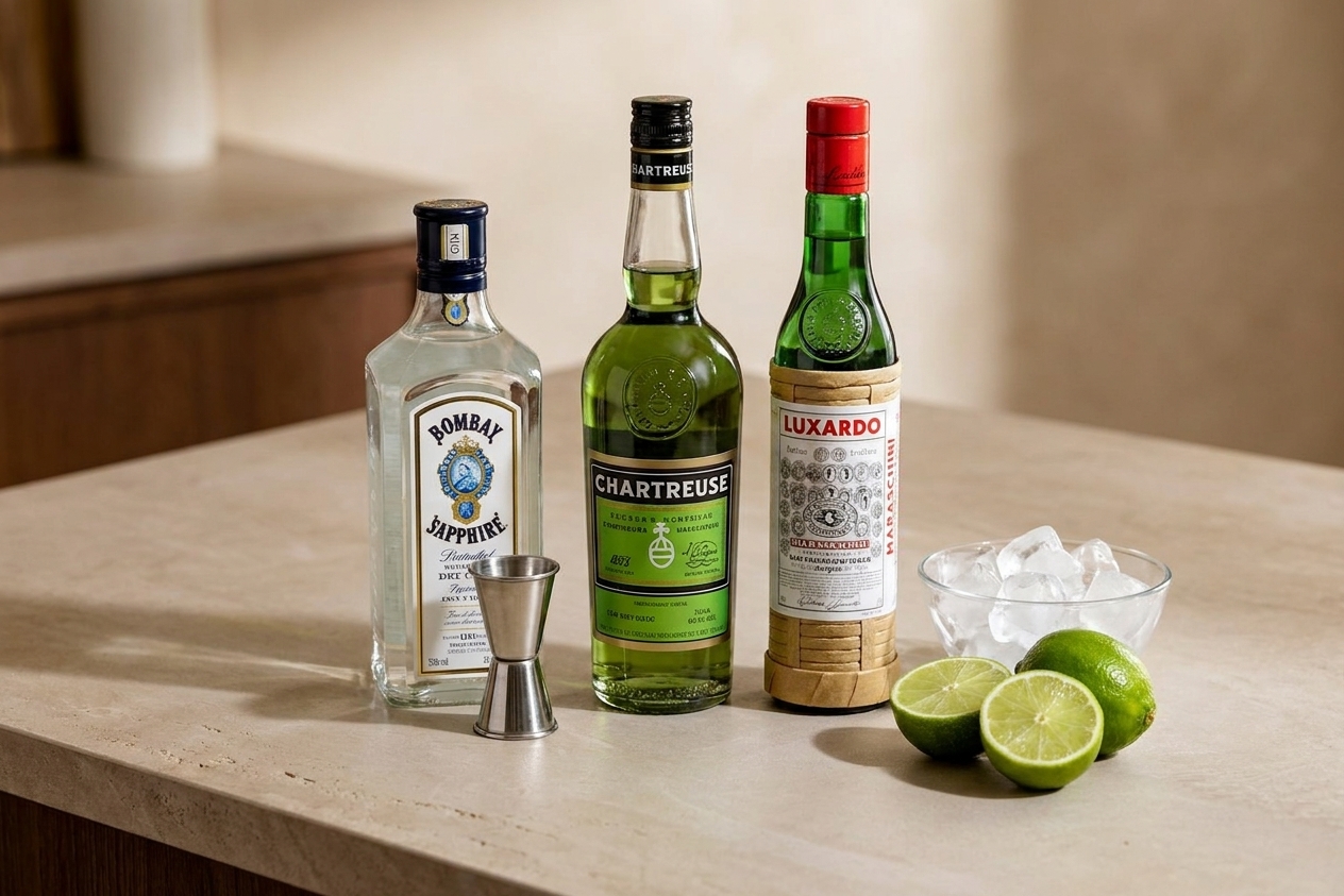 Gin, green Chartreuse, Luxardo maraschino liqueur, and halved limes on a kitchen counter with a jigger and ice nearby