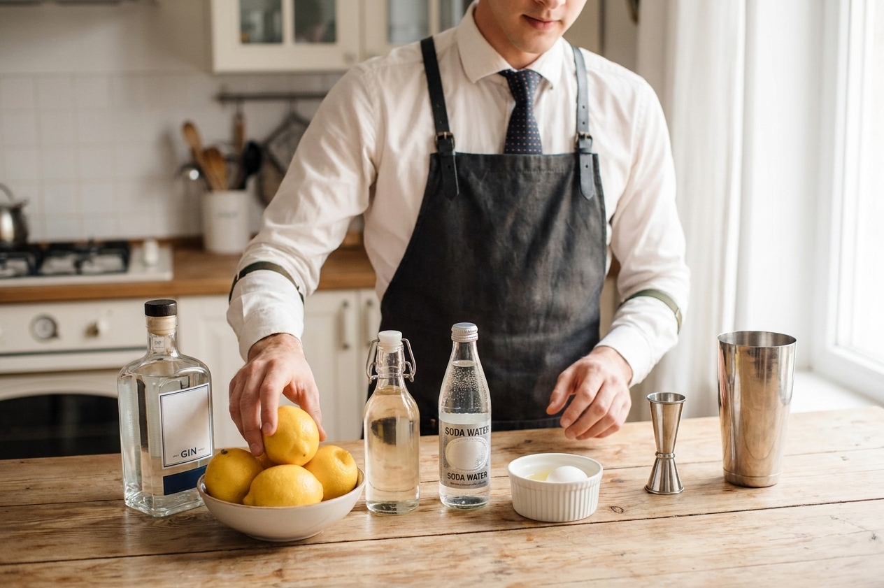 Gin, lemons, simple syrup, soda water, and a small bowl with an egg white arranged on a bright kitchen counter with a jigger and cocktail shaker