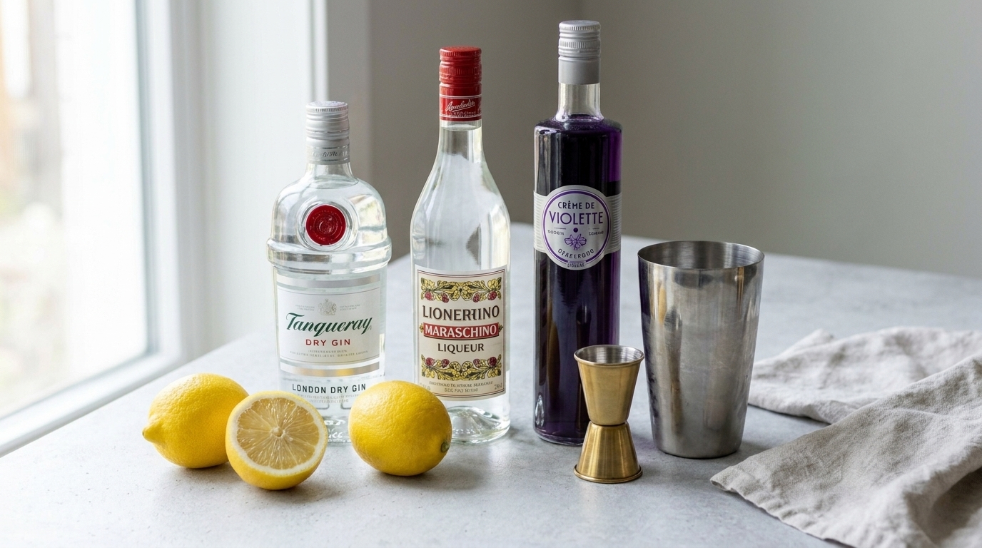 Gin, maraschino liqueur, crème de violette, fresh lemons, a jigger, and a cocktail shaker arranged on a tidy kitchen counter