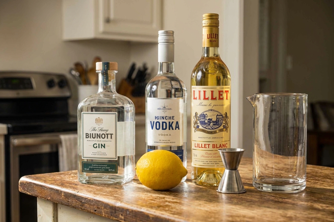 Gin, vodka, Lillet Blanc, a fresh lemon, a jigger, and a mixing glass arranged on a clean kitchen counter