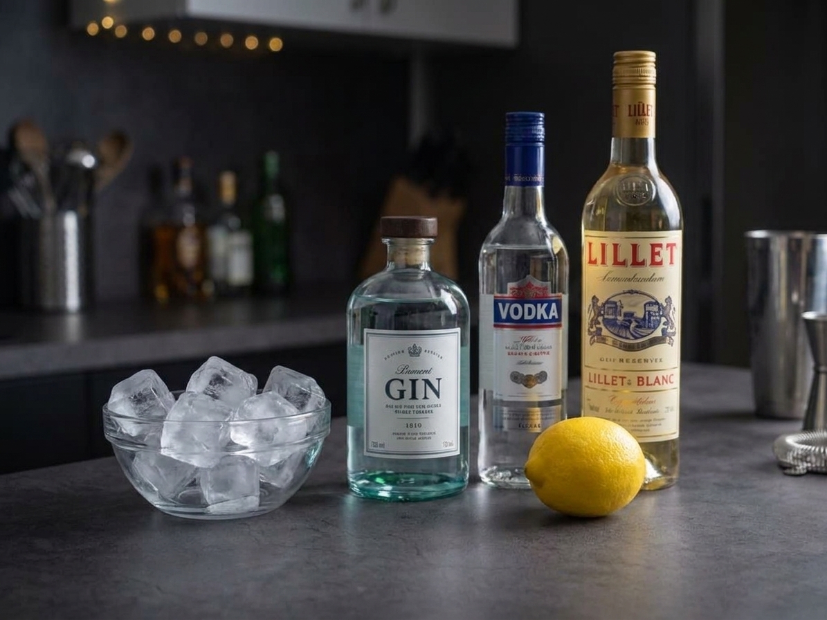 Gin, vodka, Lillet Blanc, a fresh lemon, and a bowl of ice arranged on a counter