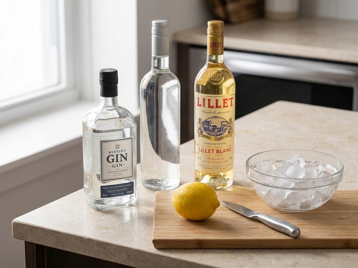 Gin, vodka, Lillet Blanc, a fresh lemon, and a bowl of ice arranged on a clean kitchen counter