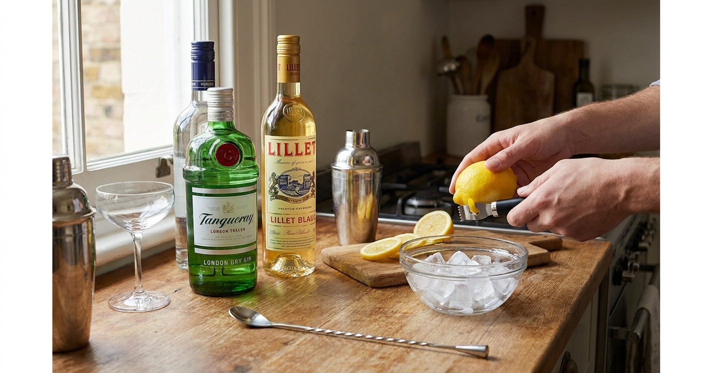 Gin, vodka, a bottle of Lillet Blanc, a fresh lemon, and a bowl of ice arranged on a clean kitchen counter