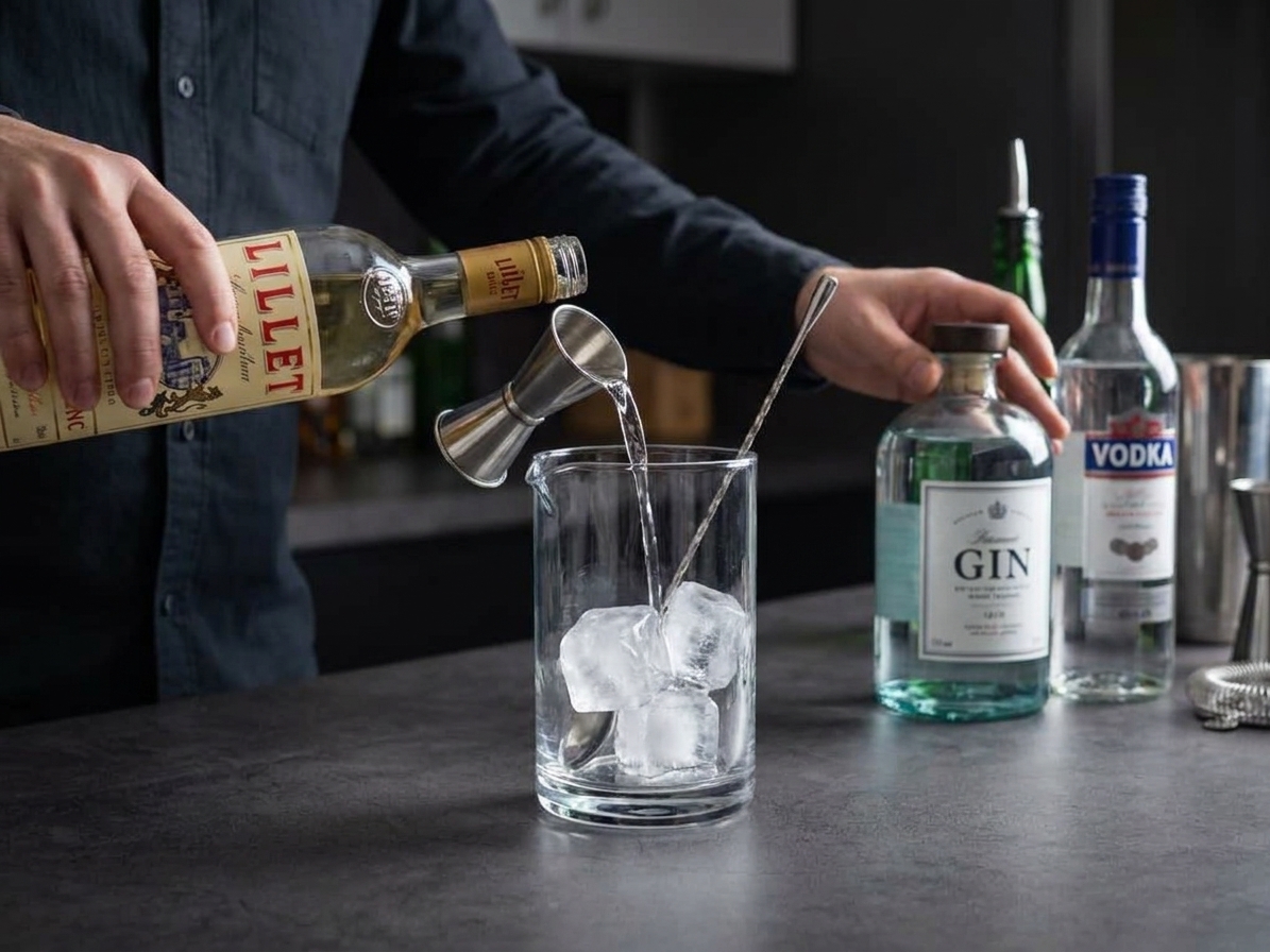 Gin, vodka, and Lillet Blanc being measured into a clear mixing glass
