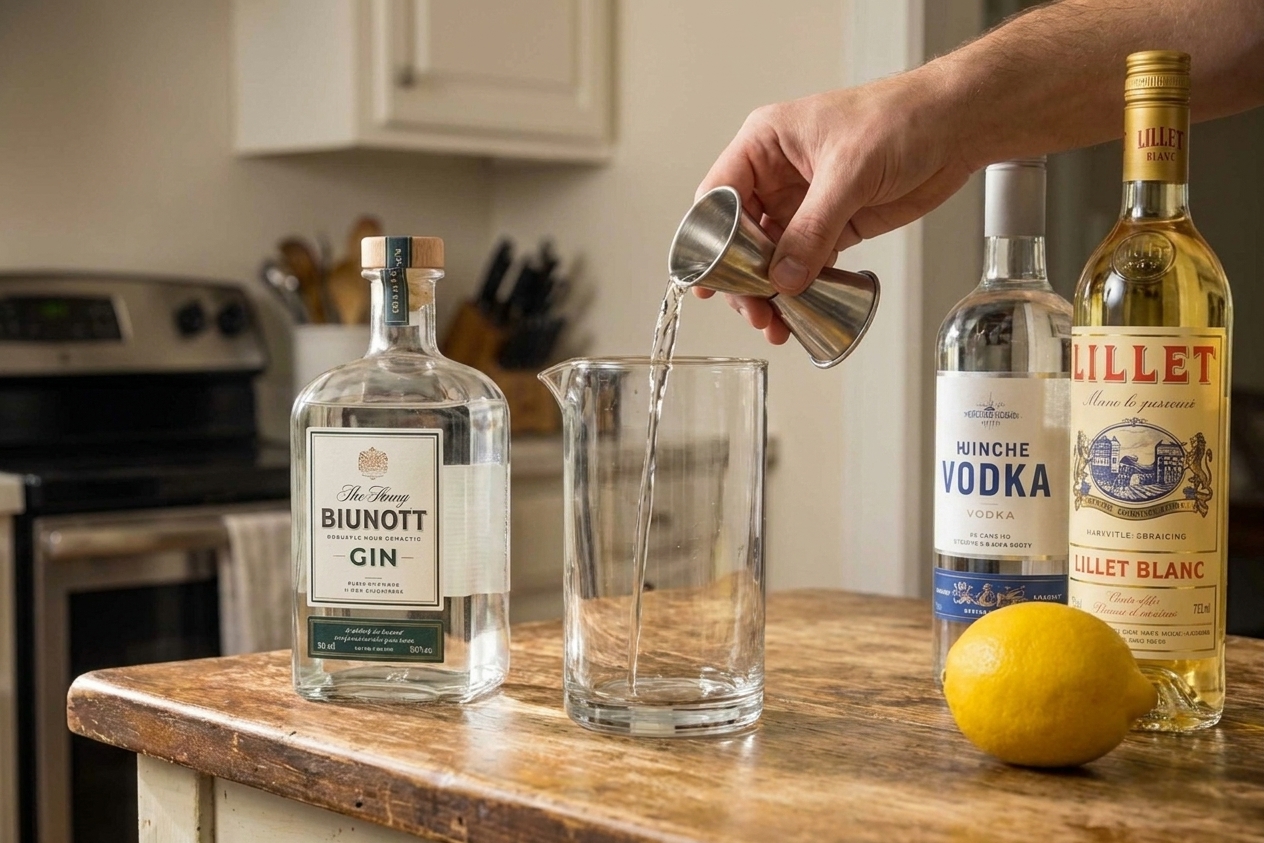 Gin, vodka, and Lillet Blanc being measured with a jigger and poured into a mixing glass on a kitchen counter