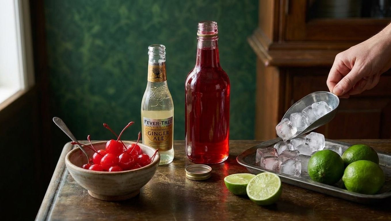Ginger ale, a bottle of grenadine, maraschino cherries, fresh limes, and a tray of ice arranged on a clean kitchen counter