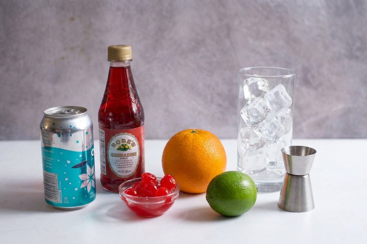 Ginger ale, grenadine, maraschino cherries, fresh orange, and a lime arranged on a clean kitchen counter with a jigger and ice