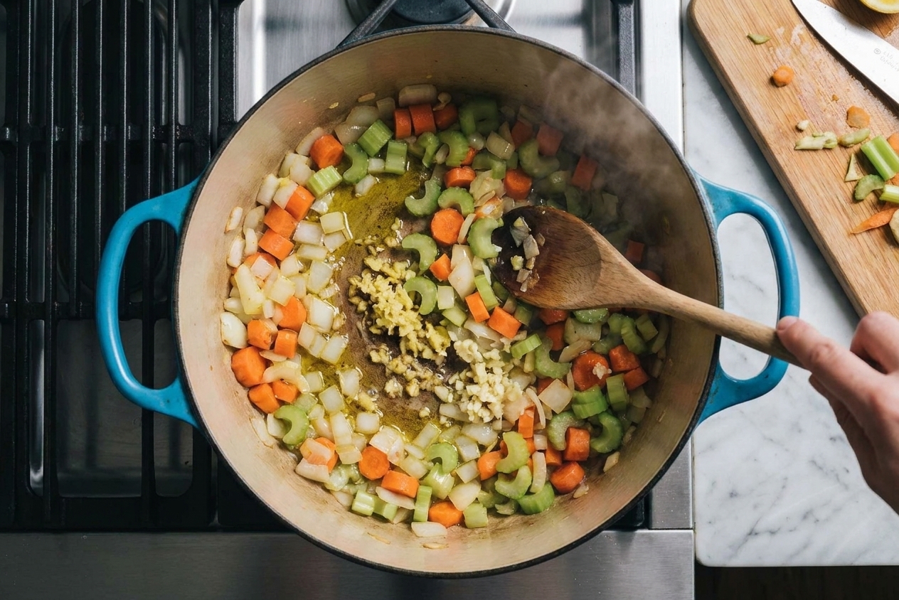 Ginger and garlic sautéing with diced onions, carrots, and celery in a large soup pot on a home stove