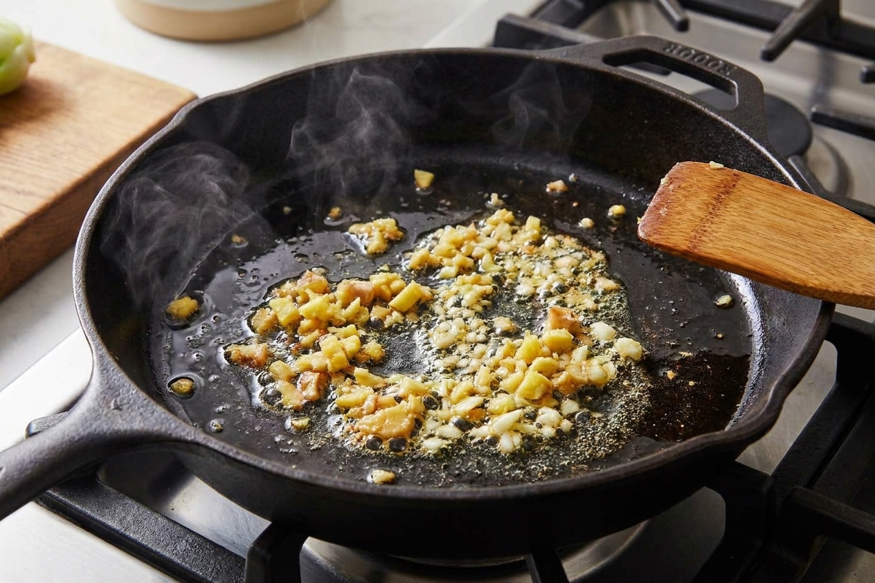 Ginger and garlic sizzling in a small pool of oil at the bottom of a pot on a stovetop