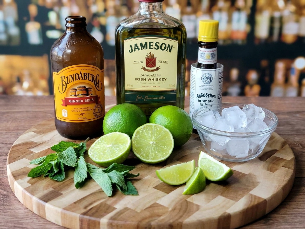 Ginger beer, a bottle of whiskey, fresh limes, Angostura bitters, and a small bowl of ice arranged on a kitchen counter