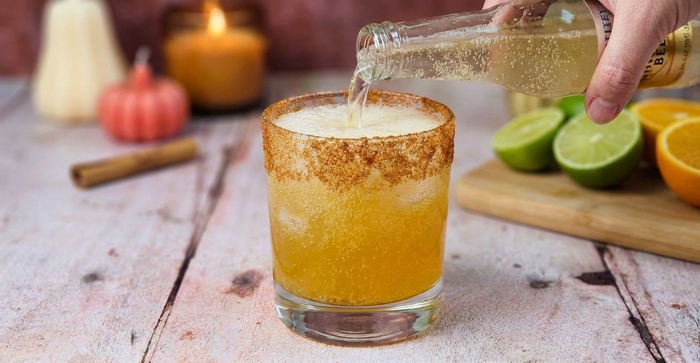 Ginger beer being poured into a glass of ice and orange colored mocktail, bubbles rising