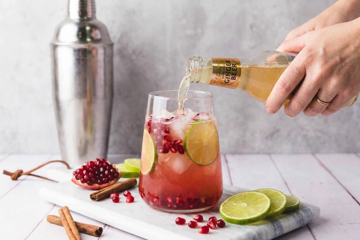 Ginger beer being poured into a red pomegranate lime drink over ice in a clear glass on a kitchen counter