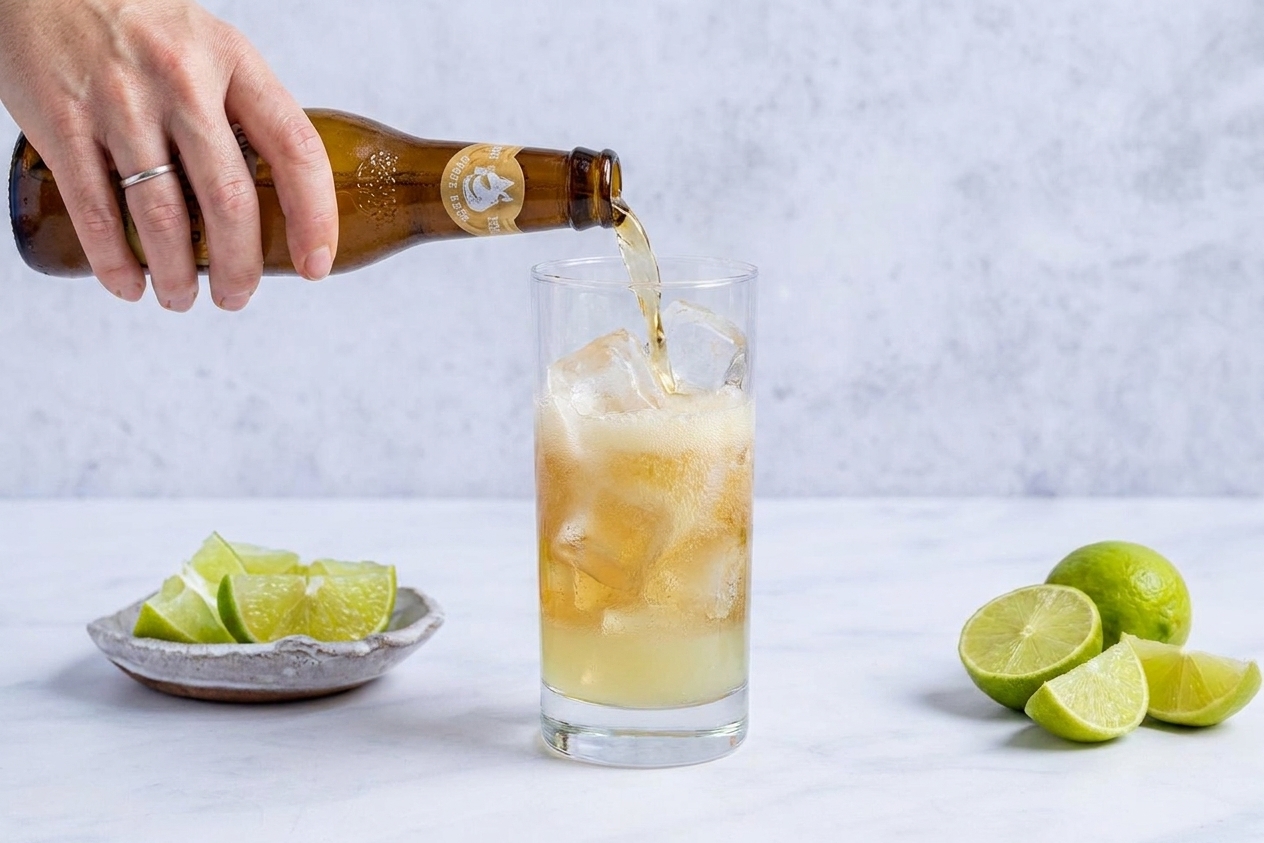Ginger beer being poured into a tall glass filled with ice and fresh lime juice on a kitchen counter