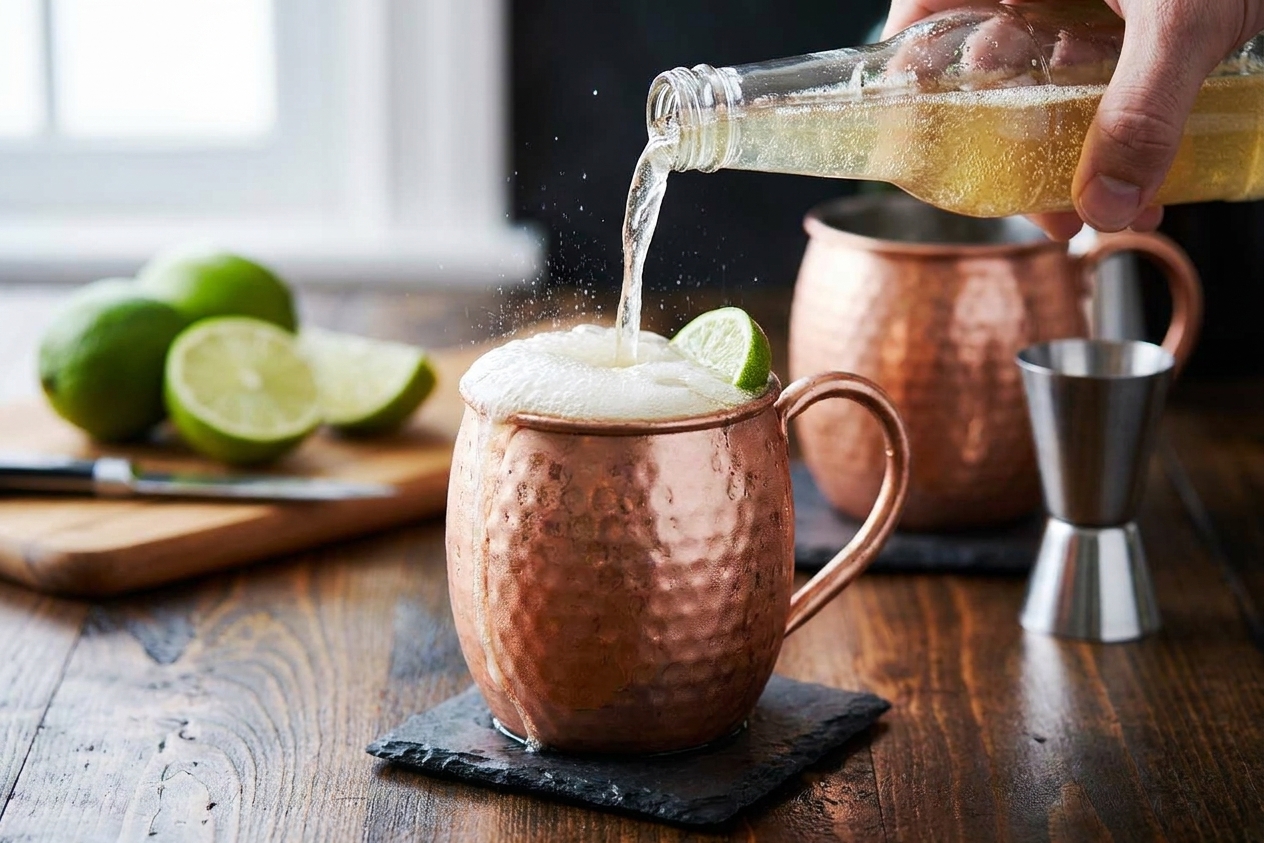 Ginger beer being poured into an ice-filled copper mug as the drink fizzes up, close-up on a kitchen counter