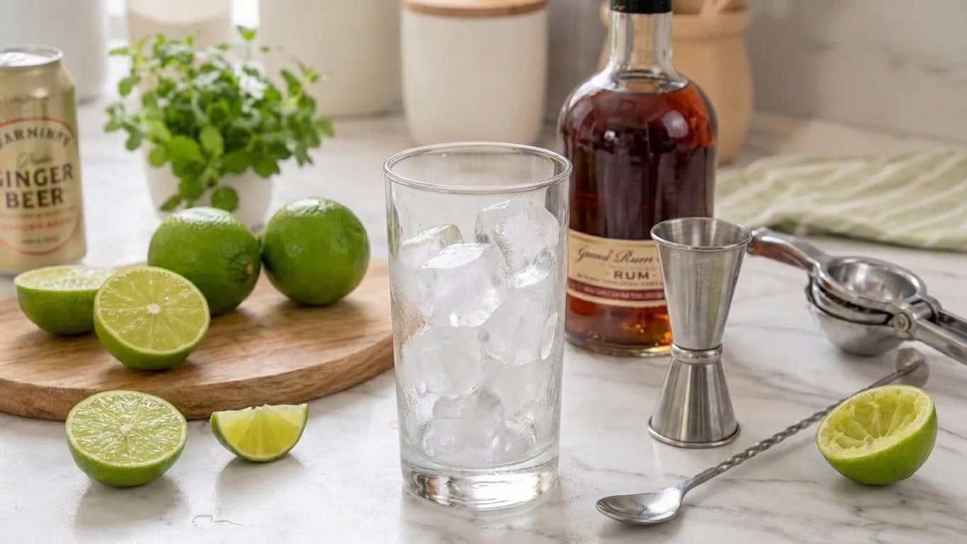 Ginger beer, dark rum, fresh limes, and a glass filled with ice set out on a bright kitchen counter