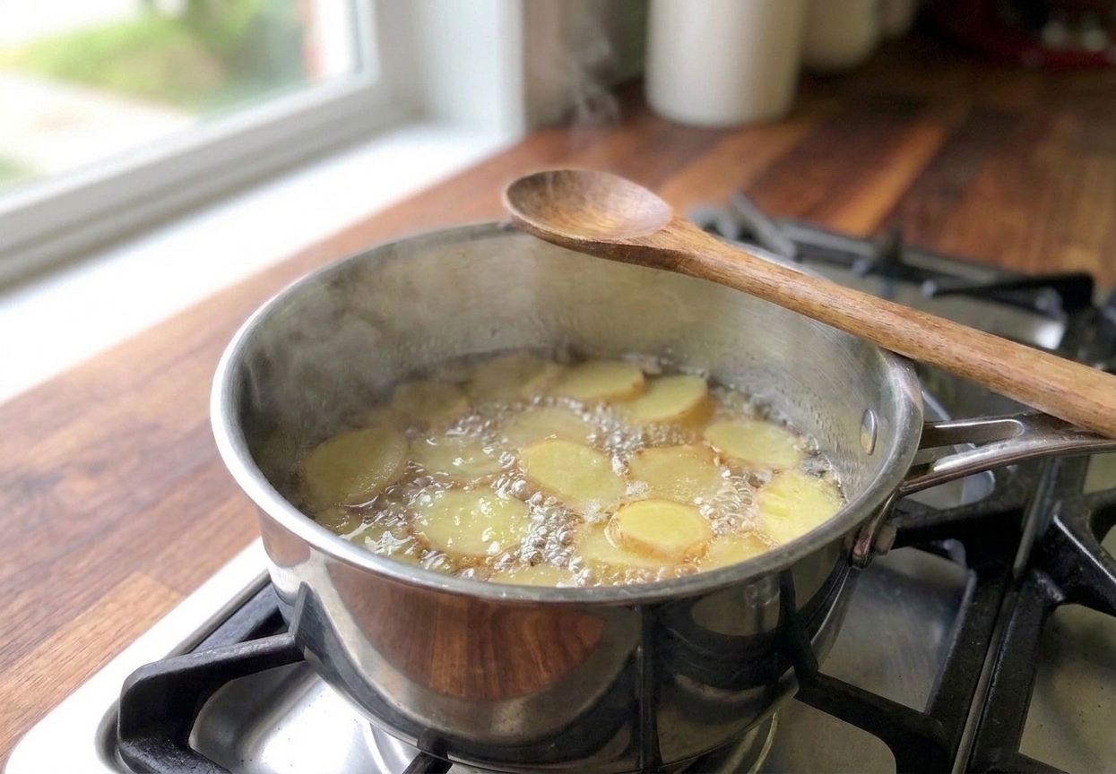 Ginger slices bubbling gently in a clear sugar syrup in a saucepan, with a wooden spoon resting on the rim