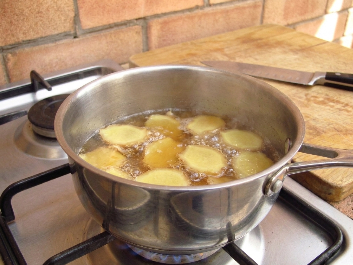 Ginger slices gently simmering in a light amber syrup in a small saucepan on a stovetop