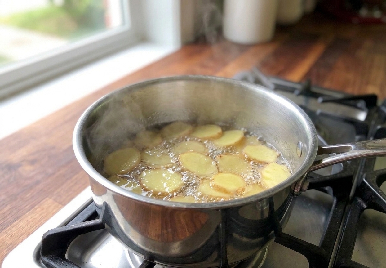 Ginger slices simmering in a stainless steel saucepan on a home stovetop with gentle steam rising
