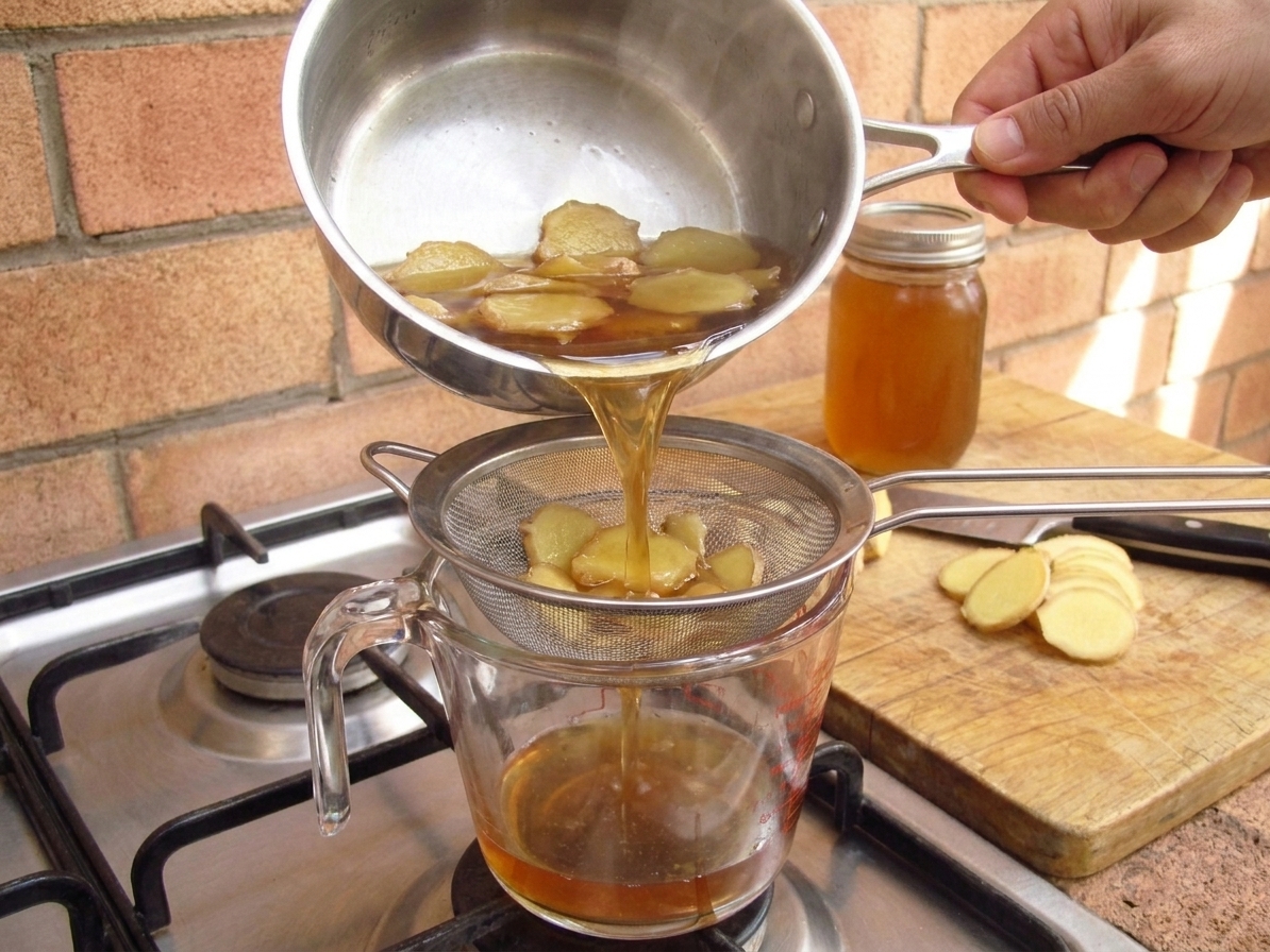 Ginger syrup being poured through a fine-mesh strainer into a glass measuring cup on a kitchen counter