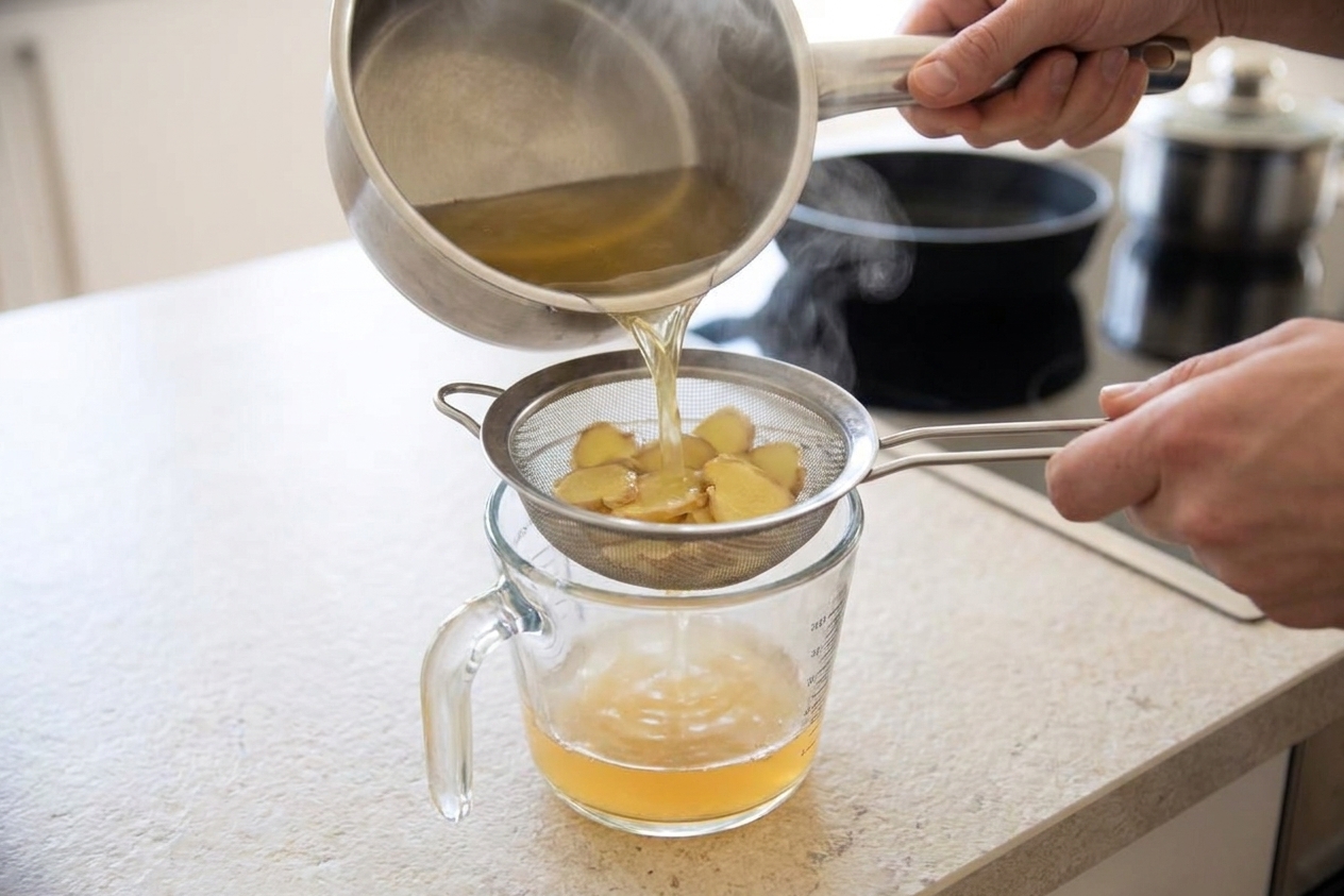 Ginger water being poured through a fine mesh strainer into a clear glass measuring pitcher on a light stone kitchen counter