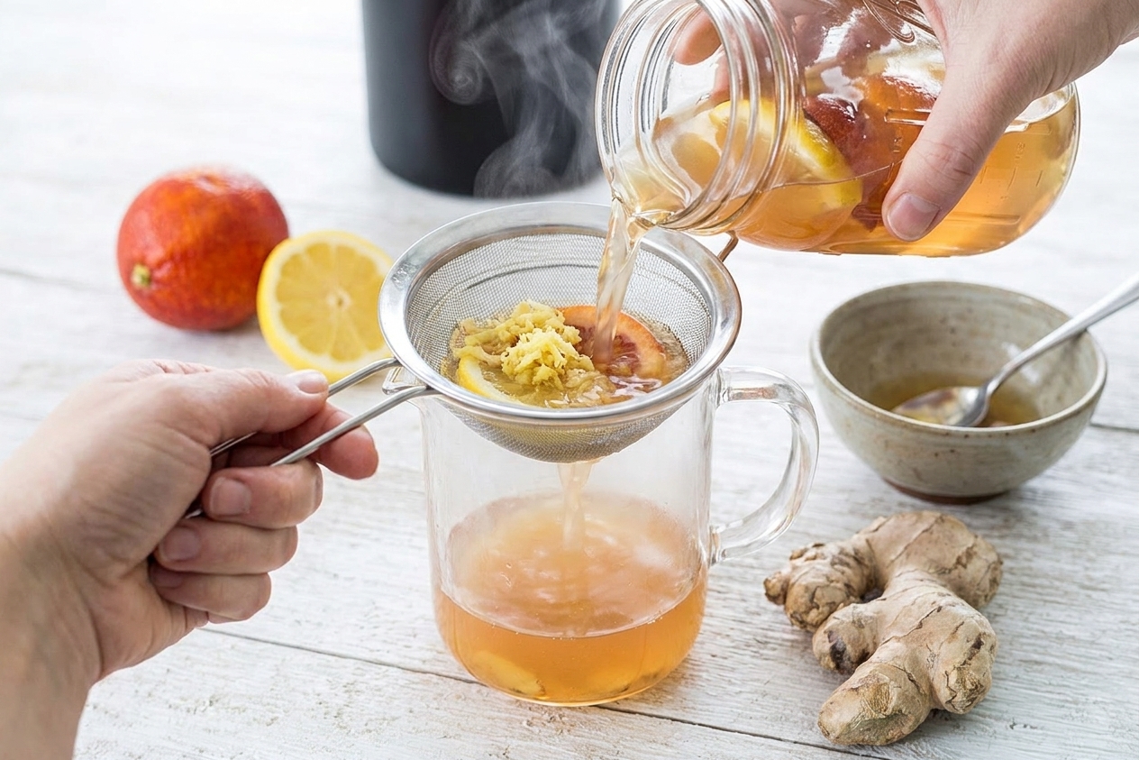 Ginger water being poured through a fine-mesh strainer into a glass pitcher