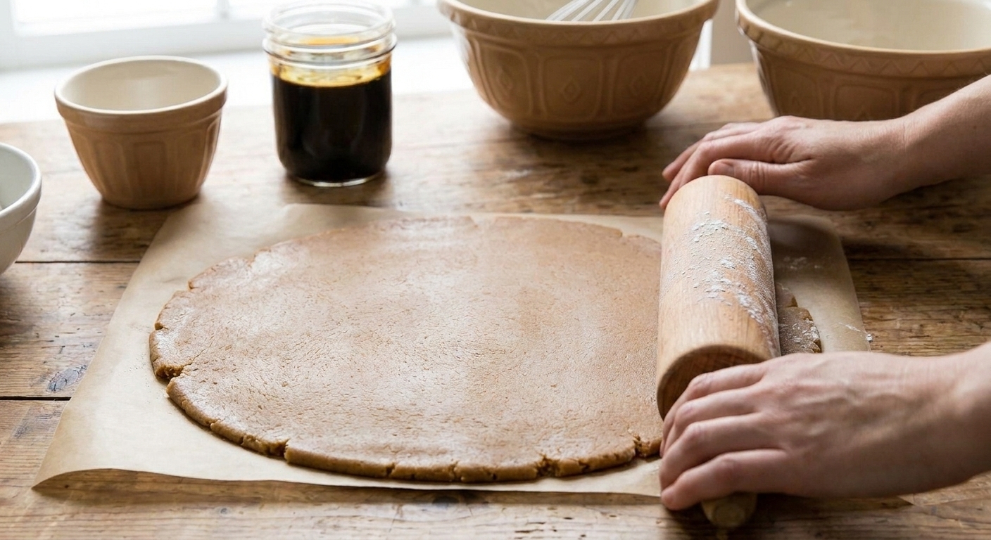 Gingerbread cookie dough rolled out on parchment paper with a rolling pin on a kitchen counter