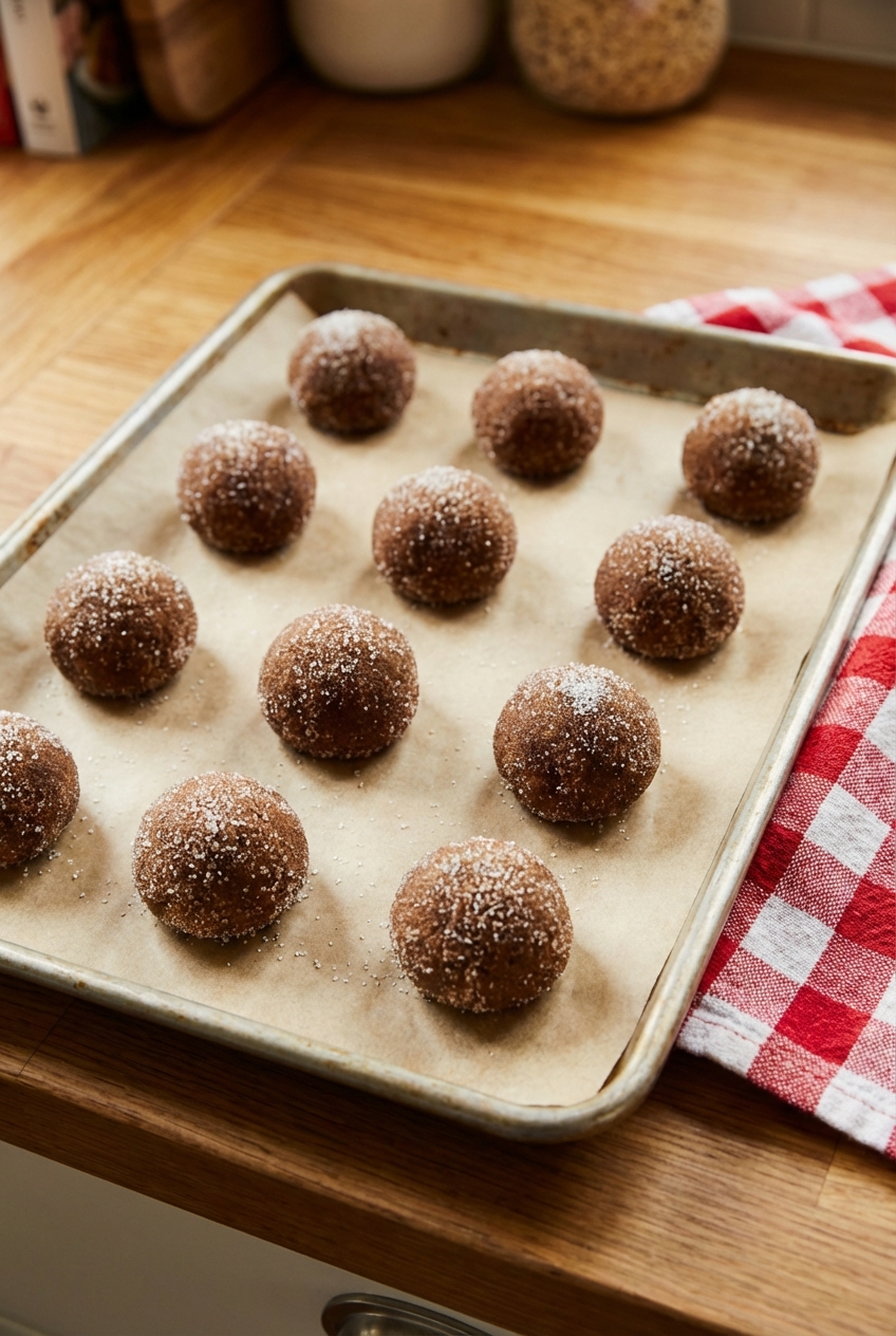 Gingersnap cookie dough balls coated in sugar on a baking sheet before baking