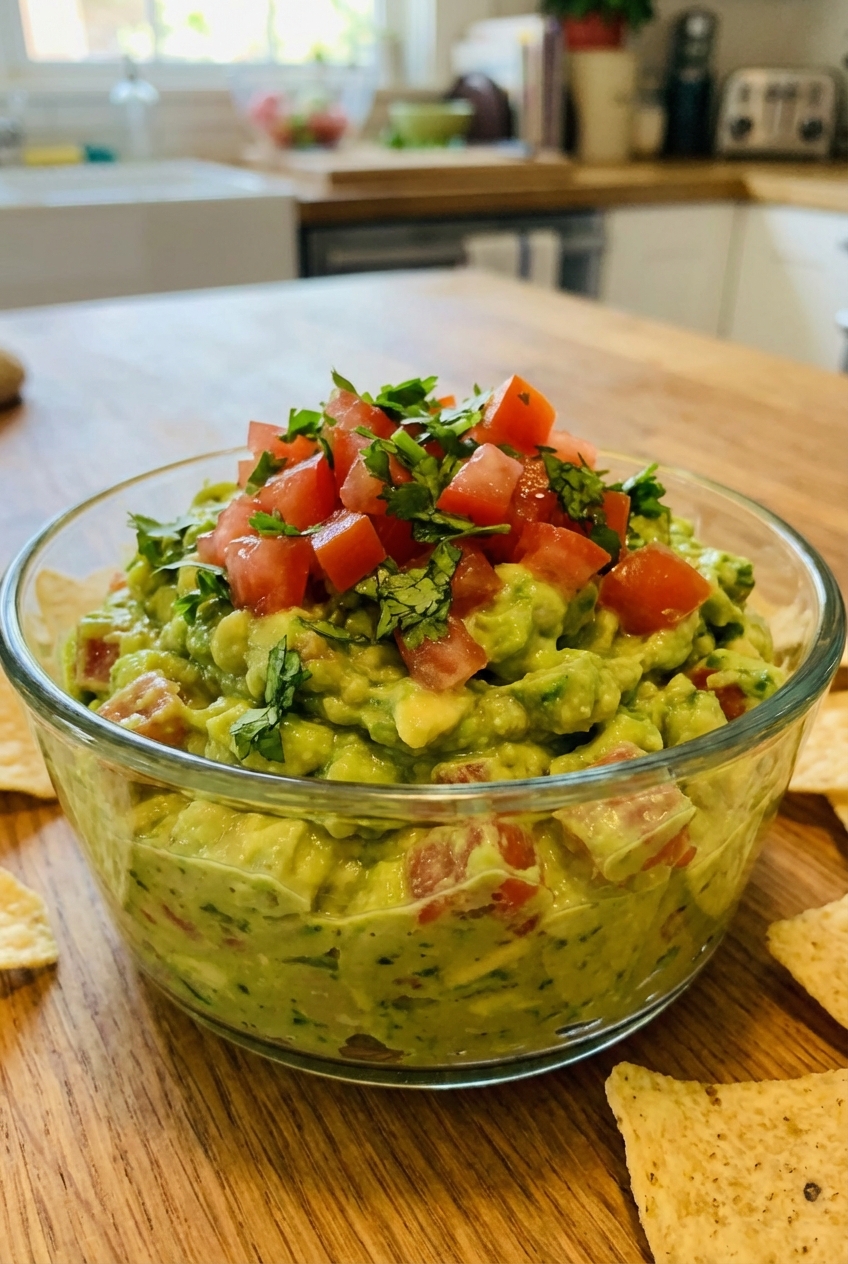 Glass bowl of guacamole topped with diced tomatoes and cilantro