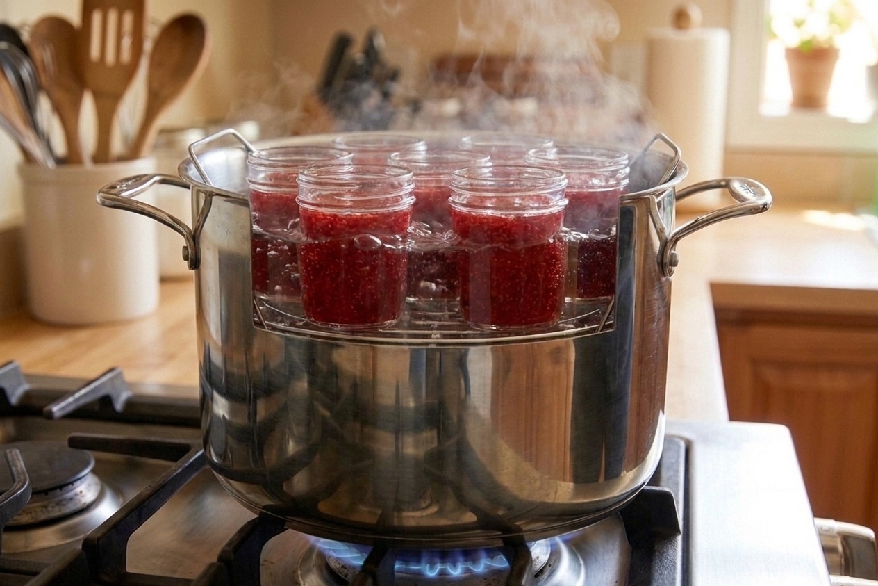 Glass canning jars filled with strawberry jelly sitting in a boiling water bath canner with a rack on a stovetop