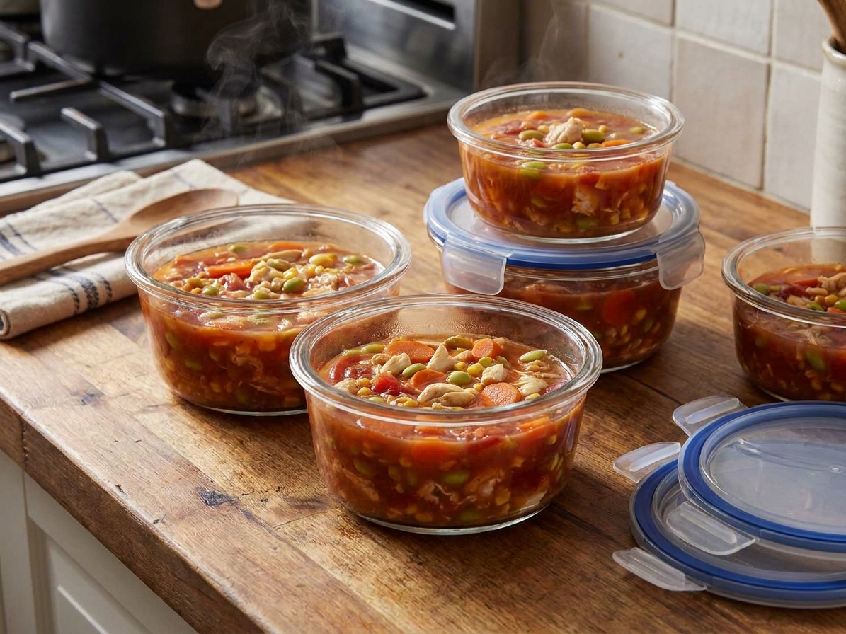 Glass food storage containers filled with crab soup cooling on a kitchen counter with lids nearby