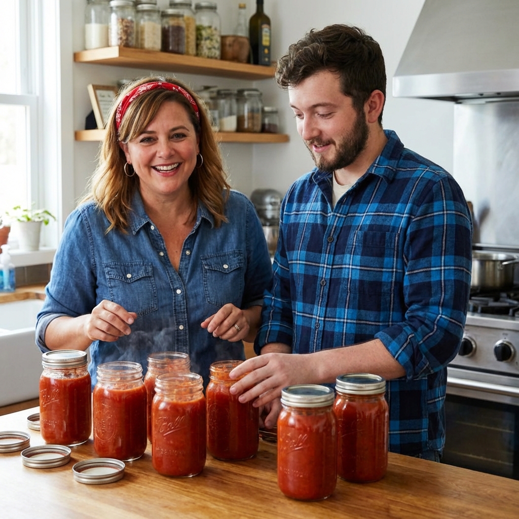 Glass jars filled with tomato sauce cooling on a kitchen counter