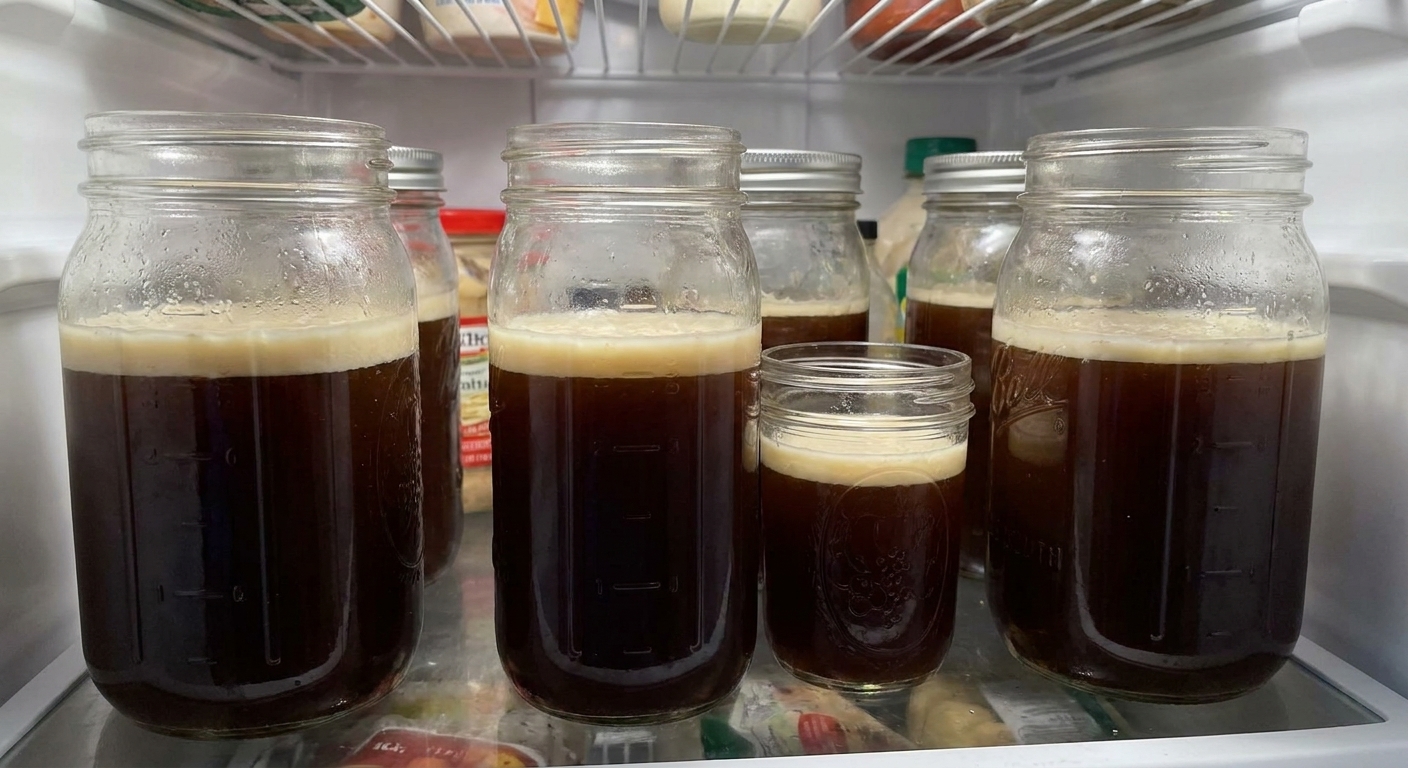 Glass jars of cooled beef stock in a refrigerator with a thin layer of fat solidified on top