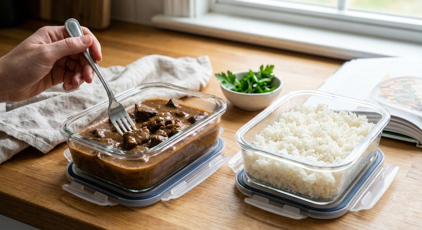 Glass meal prep container filled with beef tips and brown gravy next to a container of white rice on a kitchen counter