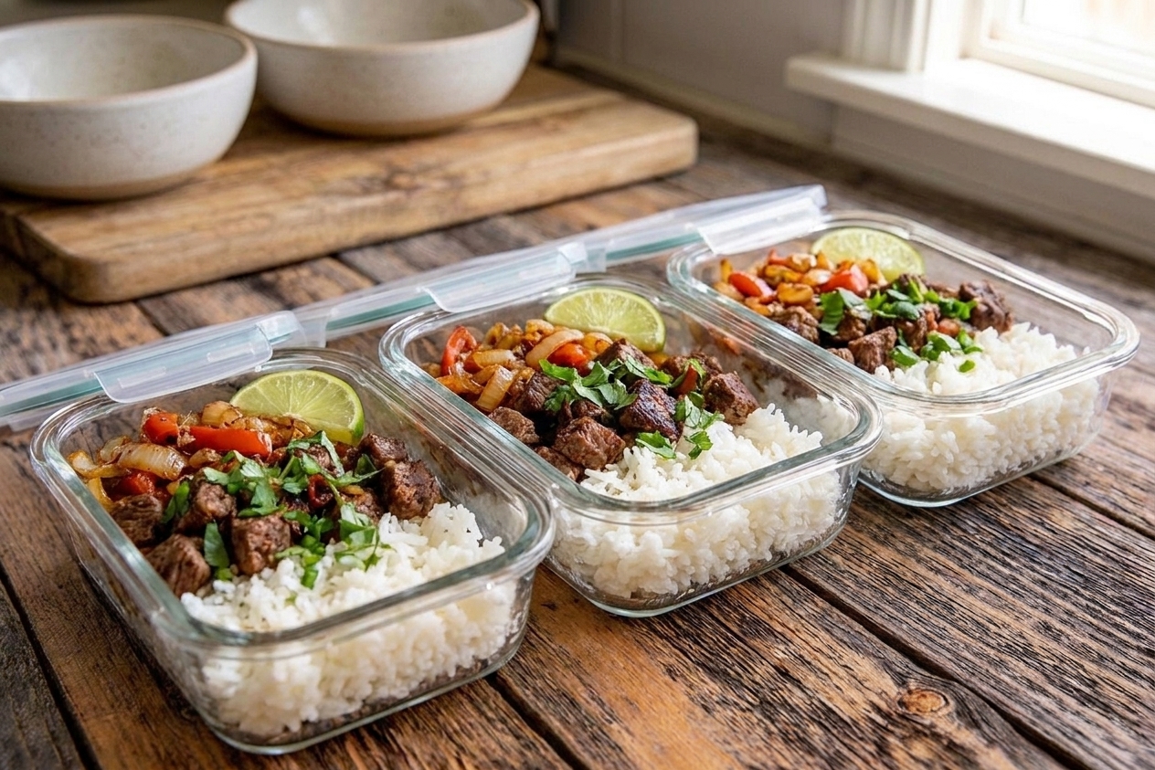 Glass meal prep containers filled with carne picada, rice, and sautéed peppers lined up on a kitchen counter