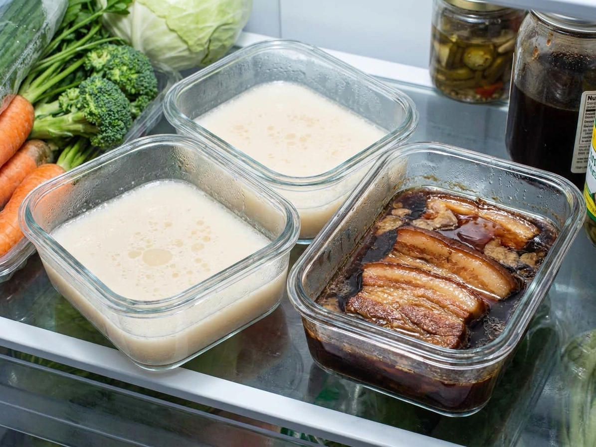 Glass meal prep containers filled with chilled tonkotsu broth and sliced pork in braising liquid on a refrigerator shelf
