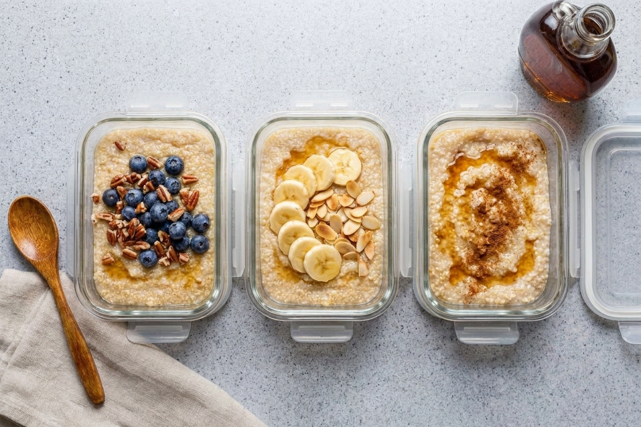 Glass meal prep containers filled with creamy porridge lined up on a kitchen counter with lids beside them