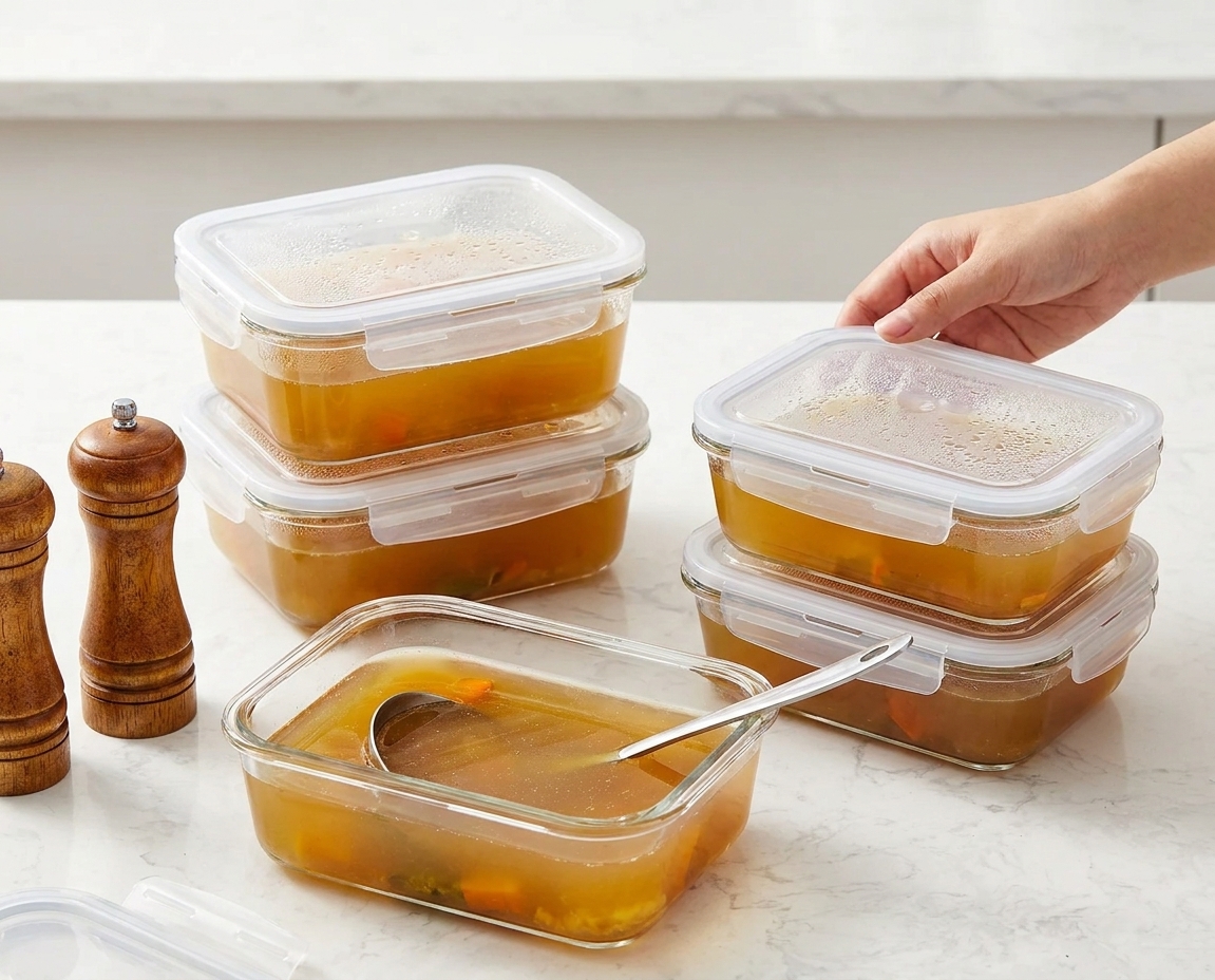 Glass meal prep containers filled with golden vegetable stock on a kitchen counter, some with lids on and one open showing clear broth