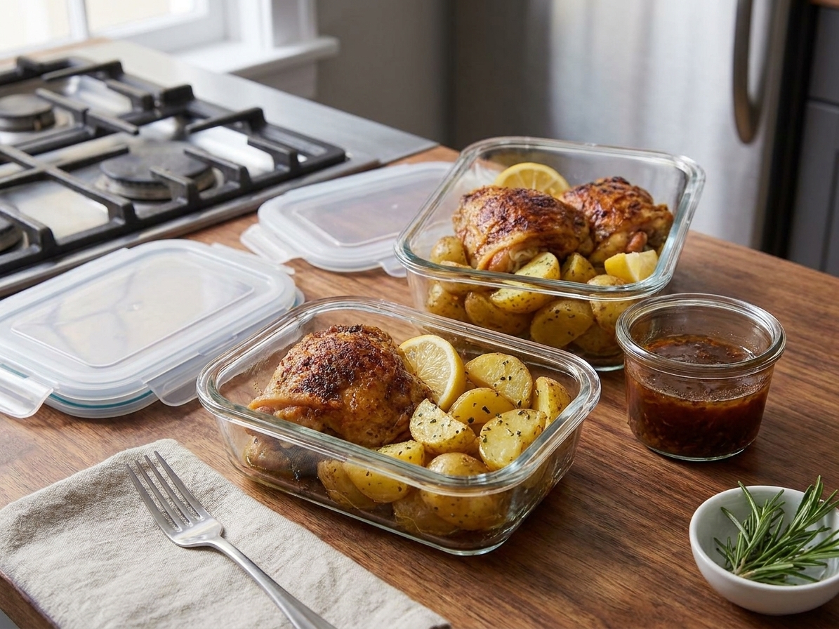 Glass meal prep containers filled with leftover chicken and roasted potatoes, plus a small separate container of pan sauce on a kitchen counter