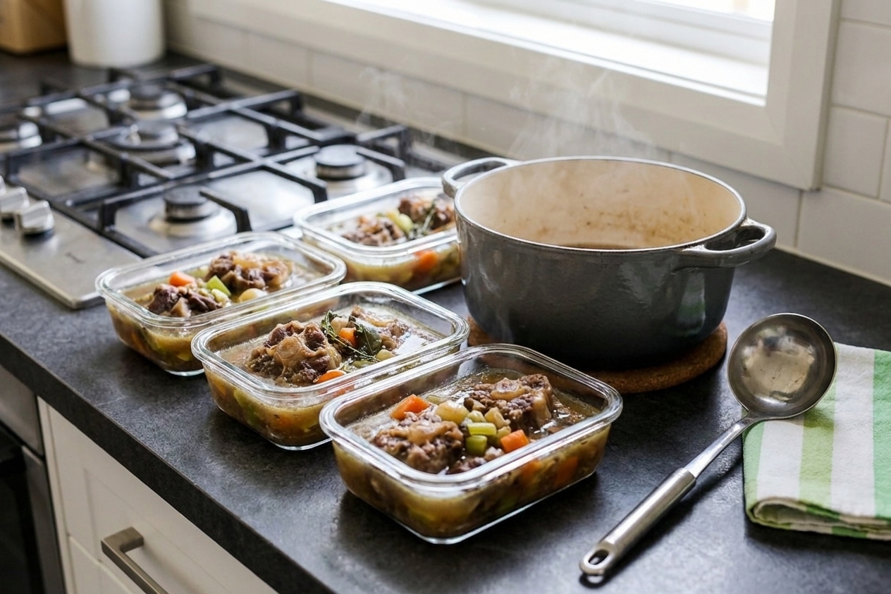 Glass meal prep containers filled with oxtail soup cooling on a kitchen counter before being stored in the refrigerator