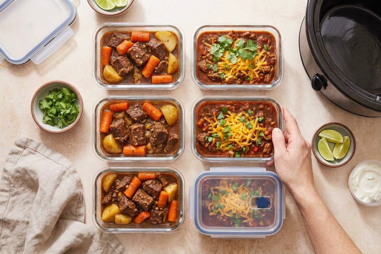 Glass meal prep containers filled with portions of chili and stew on a kitchen counter