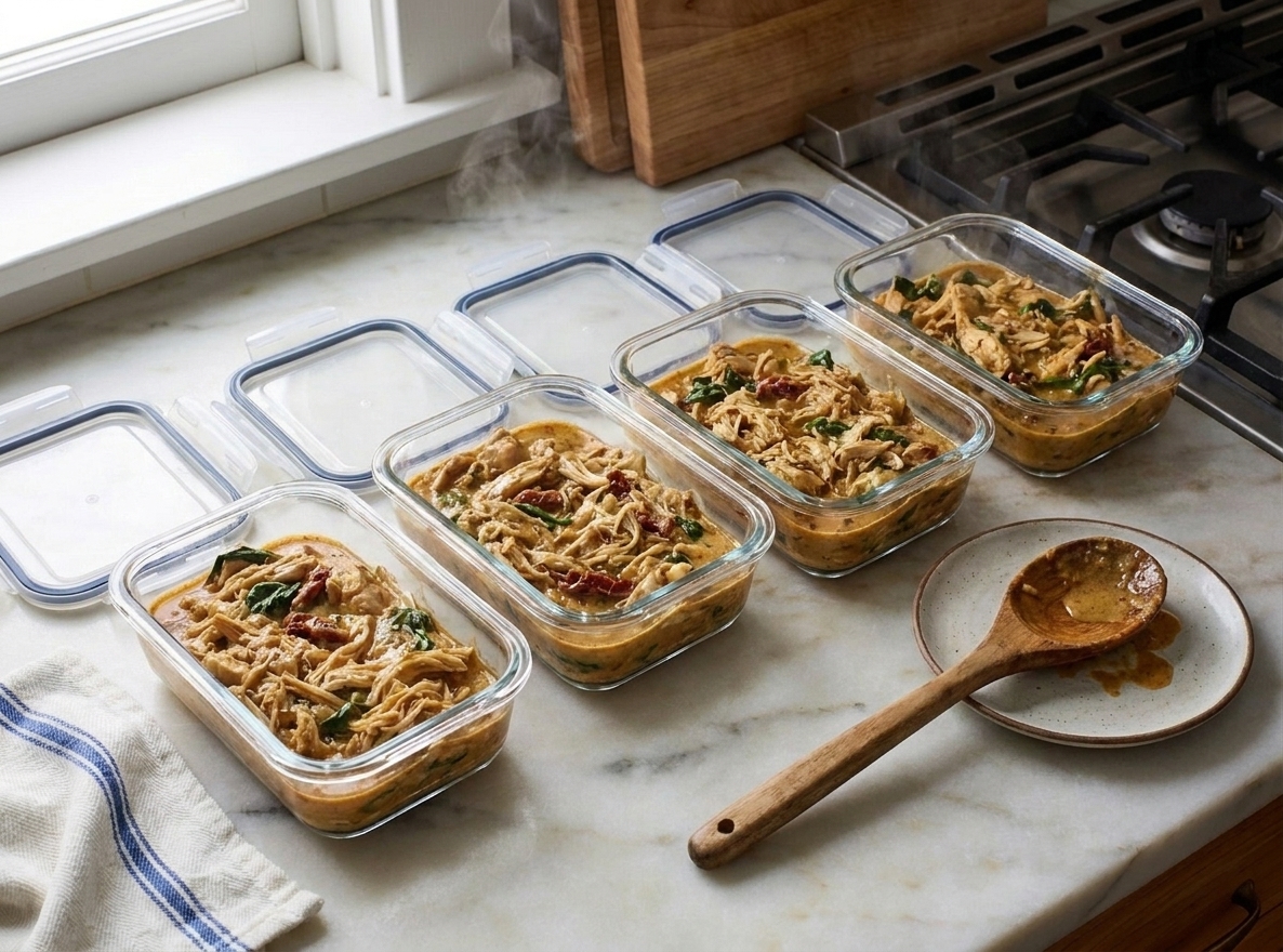 Glass meal prep containers filled with shredded slow cooker chicken and sauce cooling on a kitchen counter