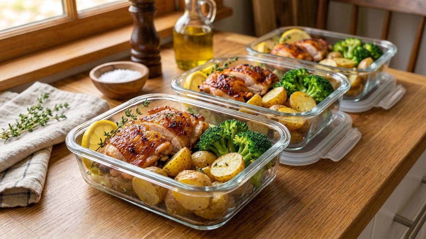 Glass meal prep containers filled with sliced chicken, roasted potatoes, and broccoli on a kitchen counter with lids nearby