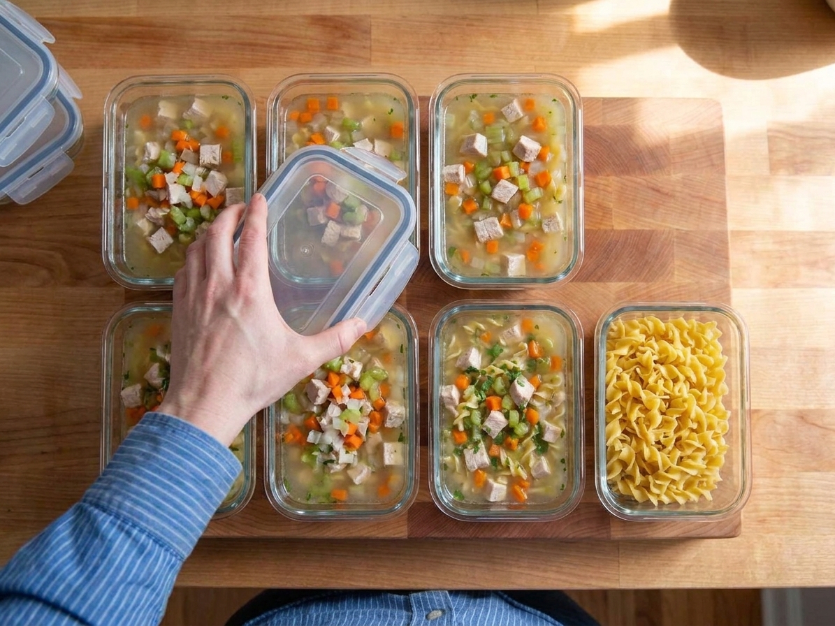 Glass meal prep containers filled with turkey soup base and a separate container of cooked egg noodles on a kitchen counter
