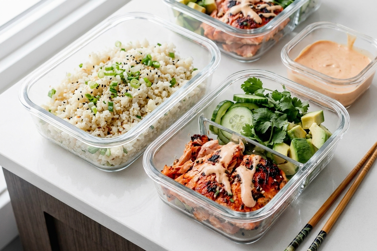 Glass meal prep containers holding cauliflower rice and cooked salmon with chopped vegetables stored separately on a clean kitchen counter