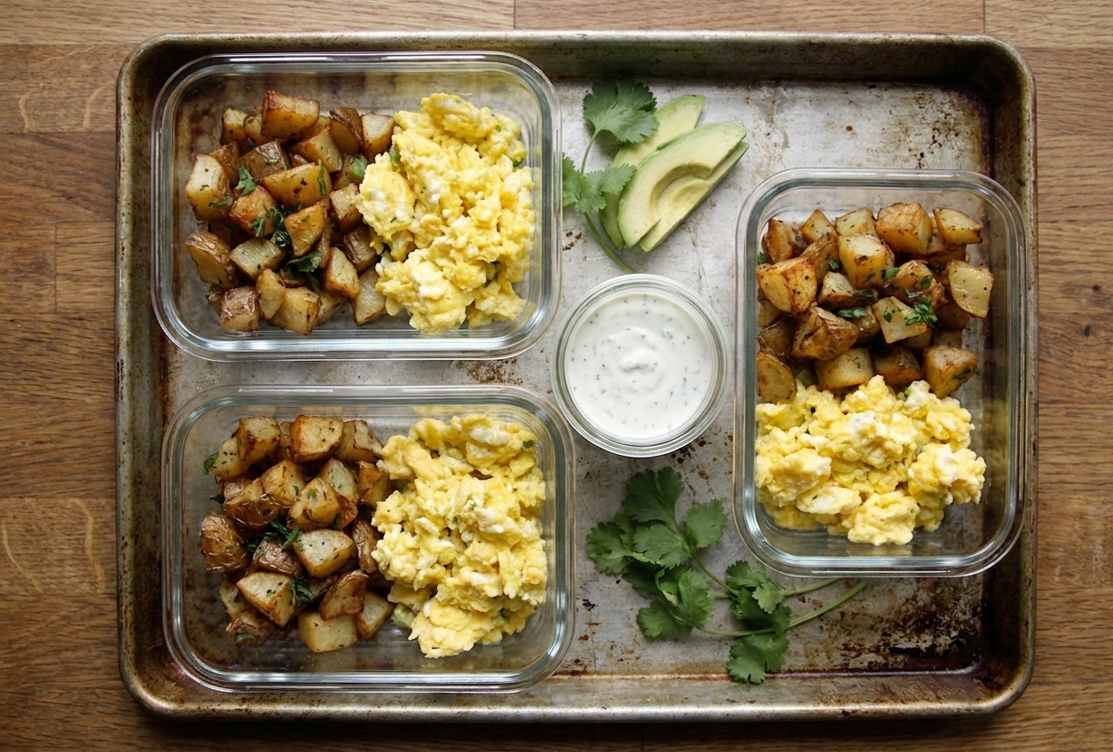 Glass meal prep containers holding cooked crispy potatoes, scrambled eggs, and a small jar of lime yogurt sauce on a kitchen counter